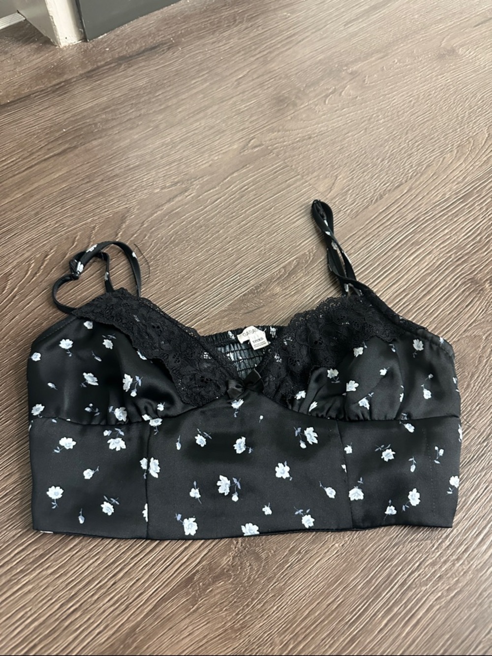 Black Floral Lace Trim Satin Crop Top